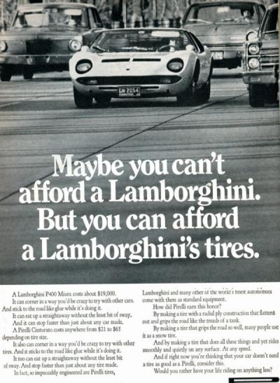 1970 Lamborghini Miura Pirelli Cinturato tires advert